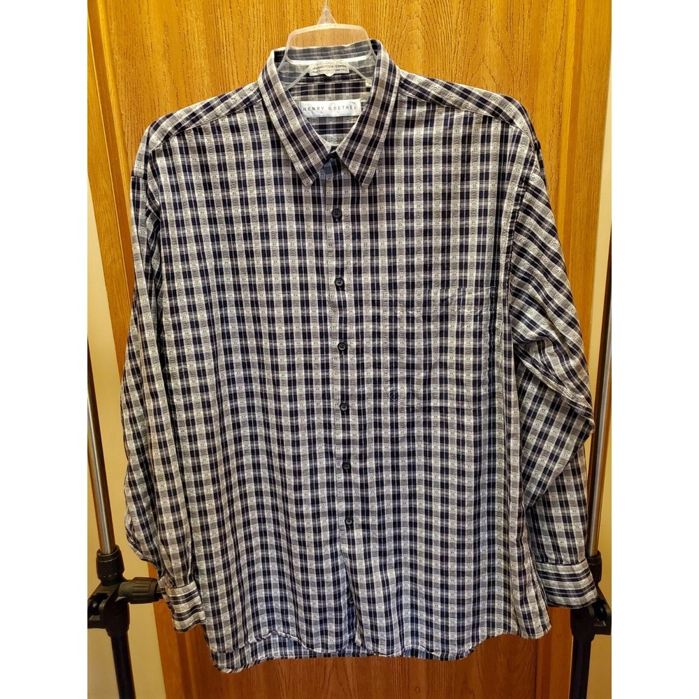 Shirt Mens HENRY GRETHEL Black, White and Green Plaid Button Up Long Sleeve Nice
